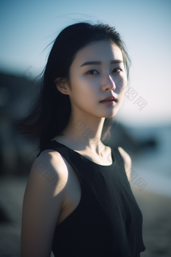 <strong>海边</strong>穿黑色裙子女生唯美摄影年轻好看