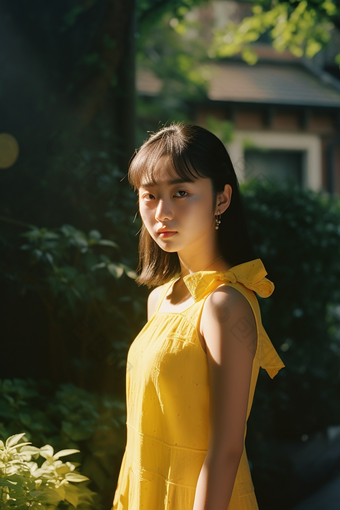 公园穿黄色裙子女生唯美摄影年轻亚洲女孩