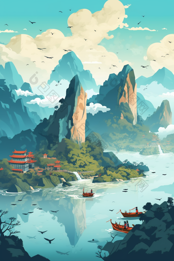 云山雾绕群山云雾插画行业图高清图片下载-包图网