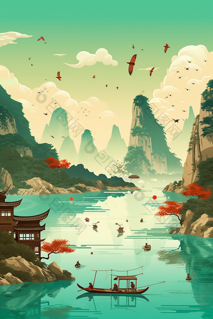 云山雾绕群山云雾插画行业图高清图片下载-包图网