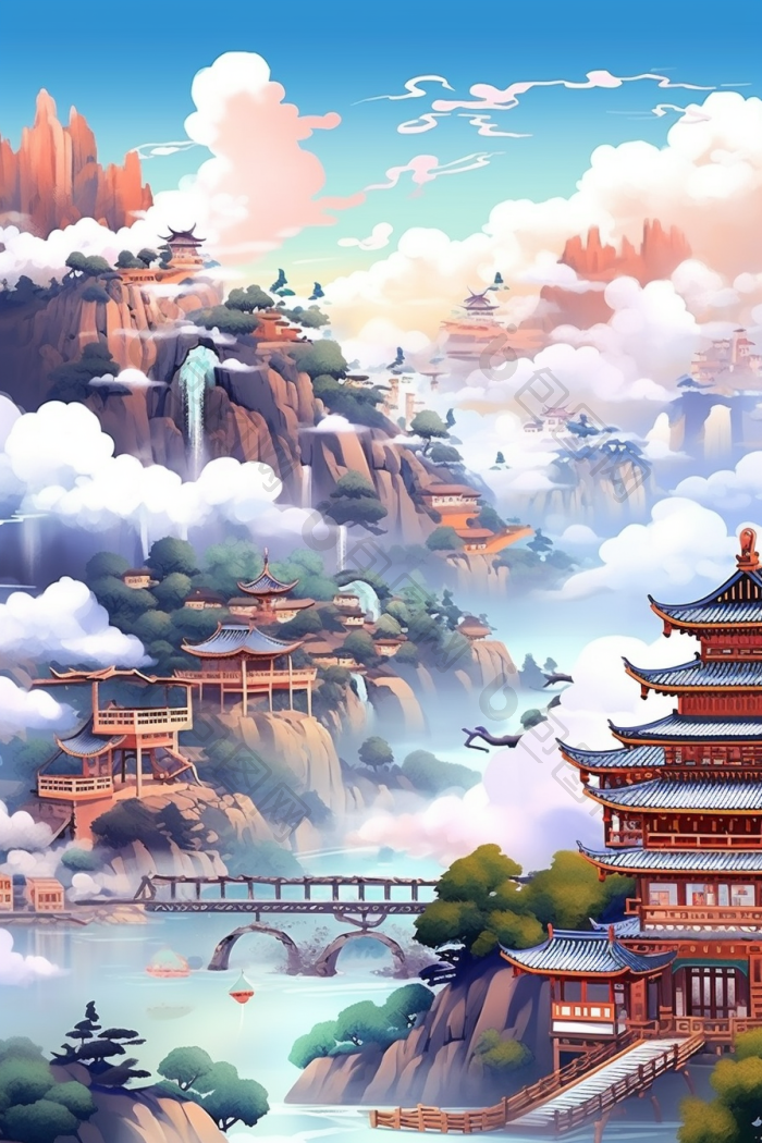 云山雾绕群山云雾插画行业图国高清图片下载-包图网