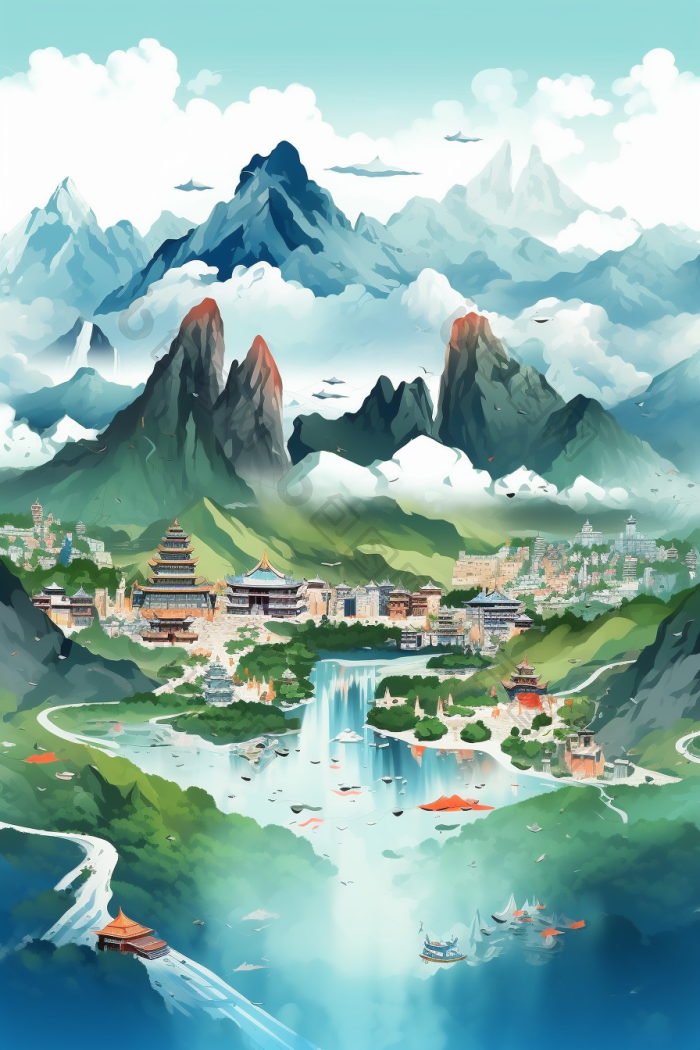 云山雾绕群山云雾插画行业图河高清图片下载-包图网