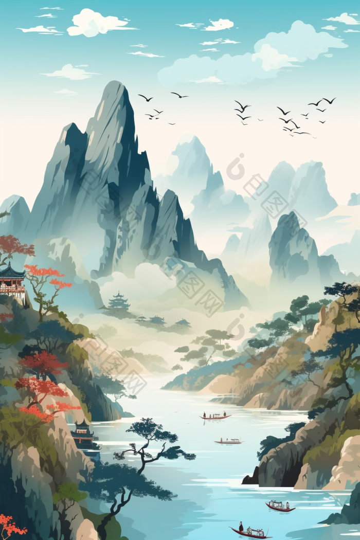 云山雾绕群山云雾插画行业图国高清图片下载-包图网