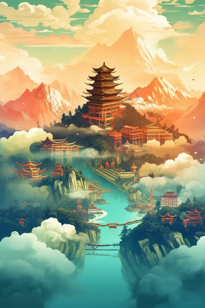 云山雾绕群山云雾插画行业图高清图片下载-包图网