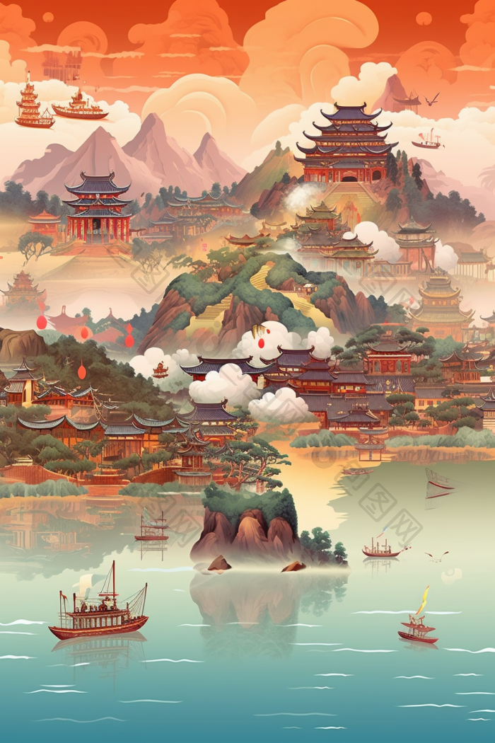 云山雾绕群山云雾插画行业图河高清图片下载-包图网