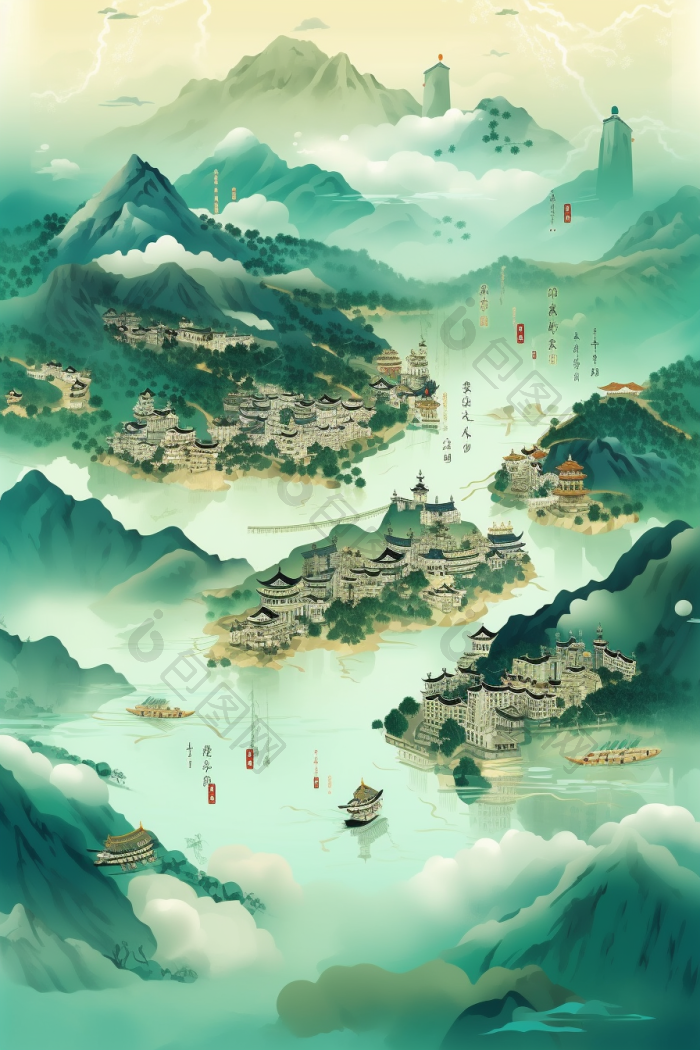 云山雾绕群山云雾插画行业图河高清图片下载-包图网
