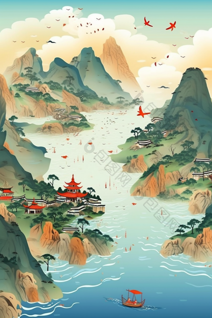 云山雾绕群山云雾插画行业图河高清图片下载-包图网