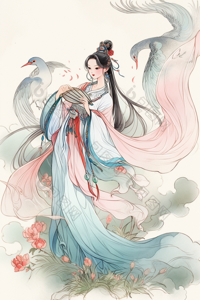 中国古代美女水墨风插画国风古风水墨画高清图片下载-包图网