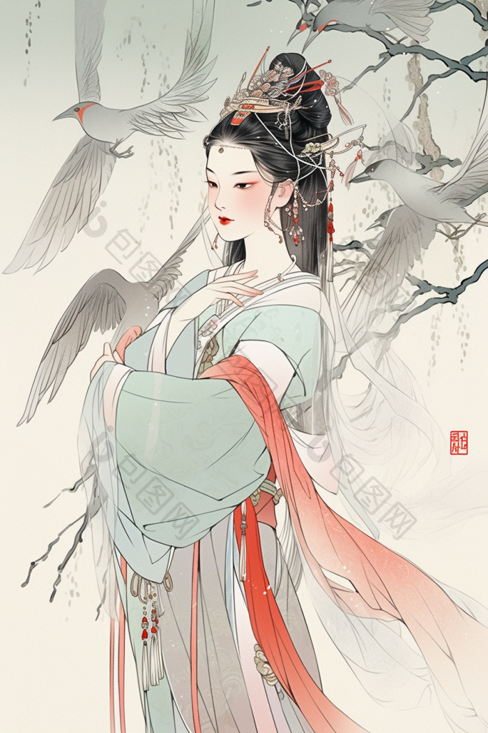 中国古代美女水墨风插画国风高清图片下载-包图网