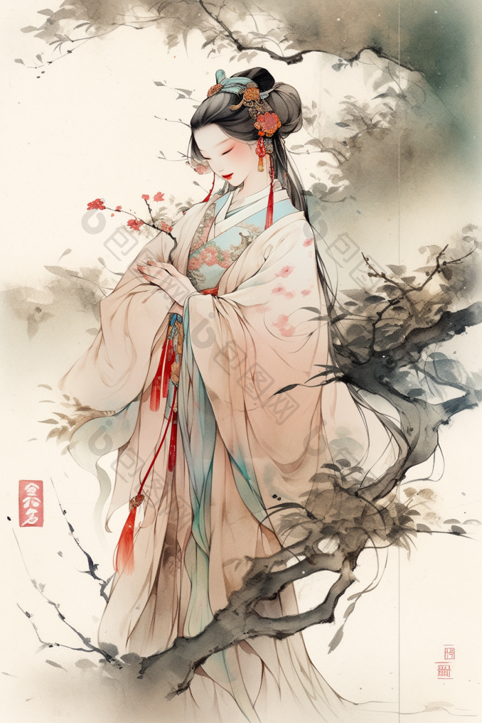 中国古代美女水墨风插画国风高清图片下载-包图网