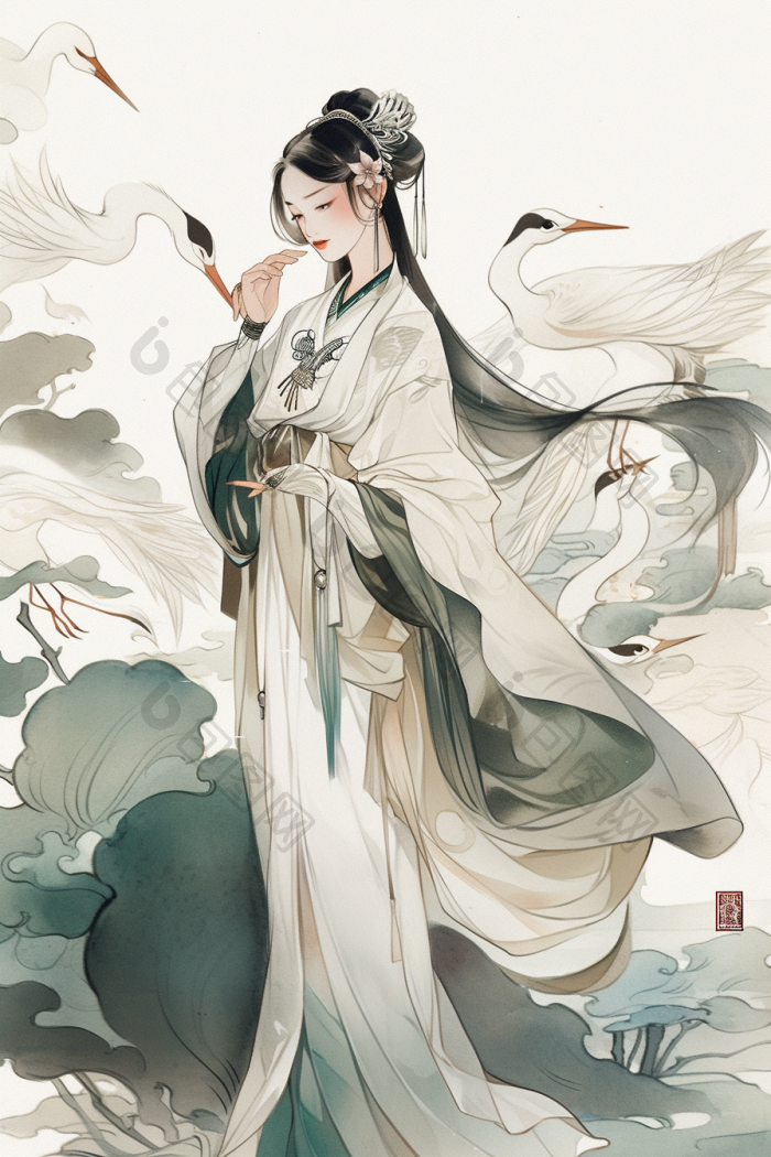 中国古代美女水墨风插画国风跳舞水墨画高清图片下载-包图网