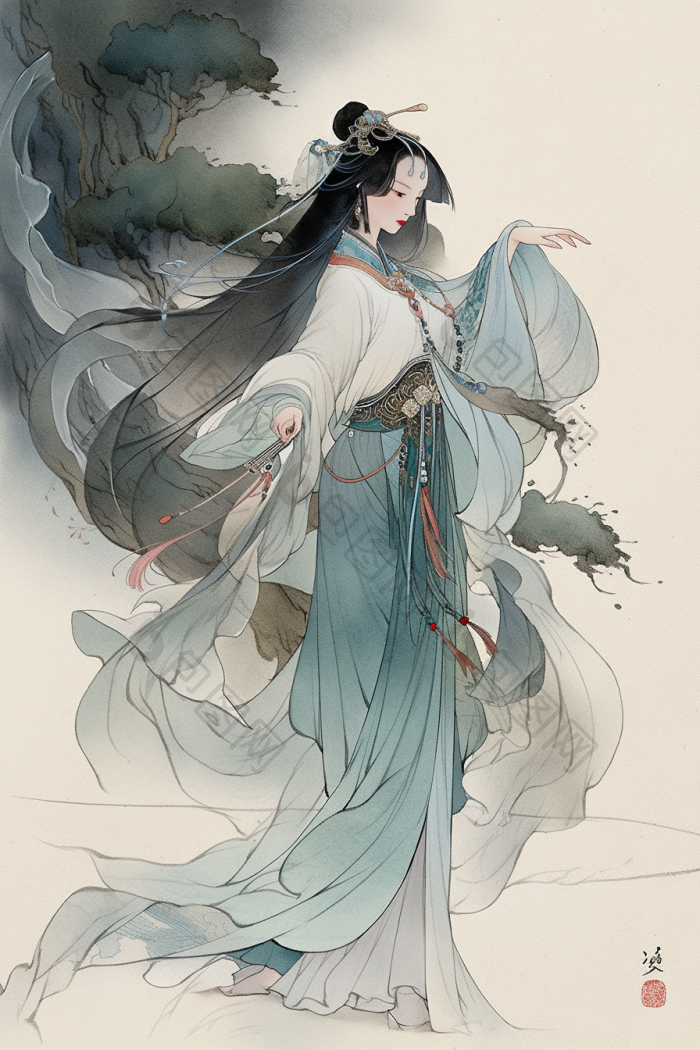 中国古代美女水墨风插画国风舞女古风高清图片下载-包图网