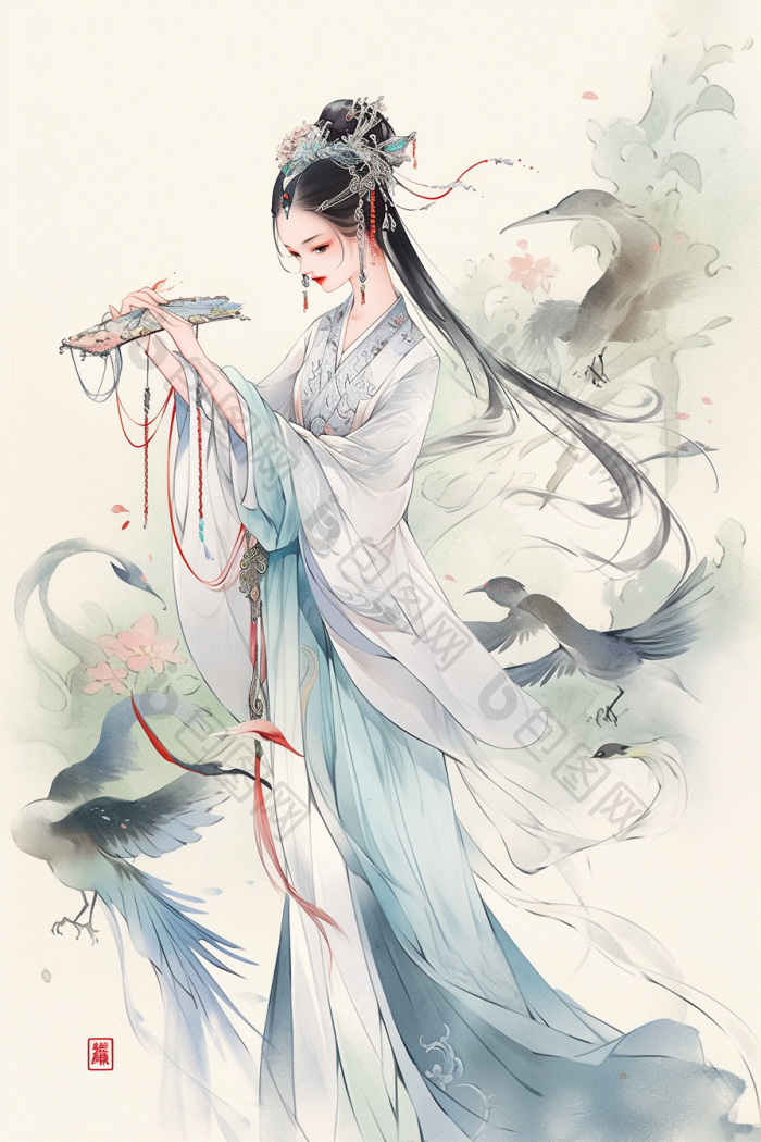中国古代美女水墨风插画国风高清图片下载-包图网
