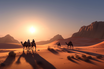 沙漠里的骆驼纵队骑行荒漠