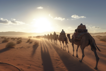 沙漠里的骆驼纵队骑行撒哈拉大