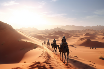 沙漠里的骆驼纵队骑行太阳