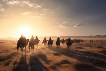 沙漠里的骆驼纵队骑行跋涉