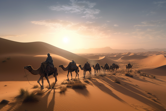 沙漠里的骆驼纵队骑行热带