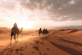 沙漠里的骆驼纵队骑行旅游