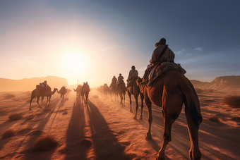 沙漠里的骆驼纵队骑行旅行