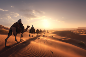 沙漠里的骆驼纵队骑行沙子