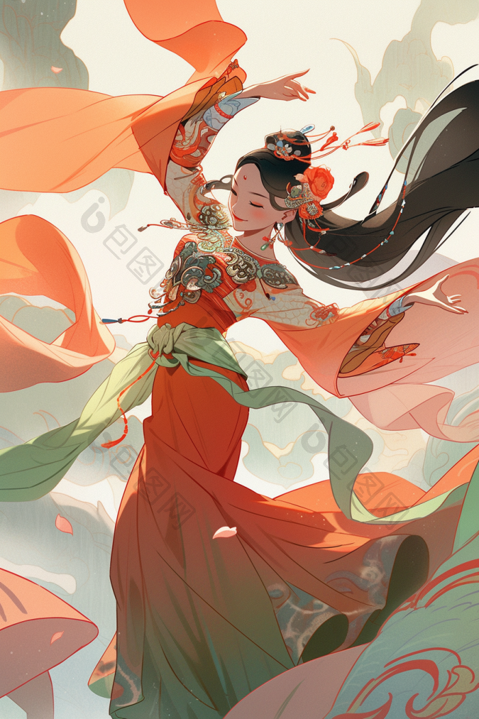 中国敦煌舞女跳舞插画国风高清图片下载-包图网
