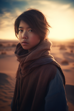 沙漠边凝视远方的少女摄影图5