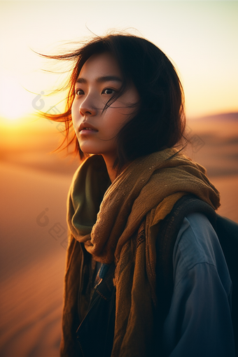 沙漠边凝视远方的少女黄昏肖像