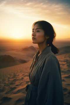沙漠边凝视远方的少女摄影图1
