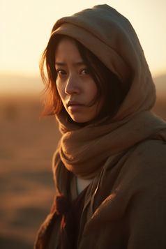 沙漠边凝视远方的少女摄影图2