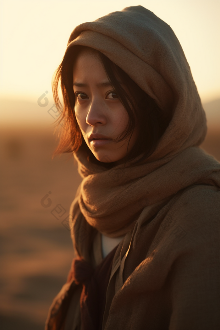 沙漠边凝视远方的少女黄昏深色调
