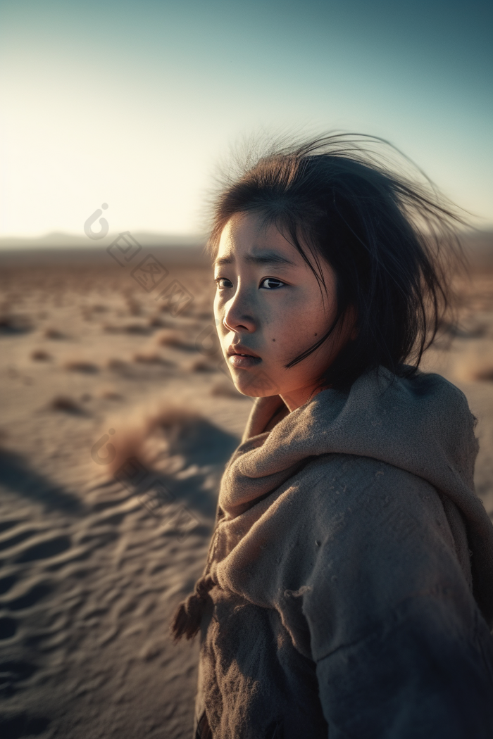 沙漠边凝视远方的少女女性青春