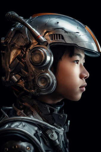 佩戴未来科技头盔的男孩未来技术未来感