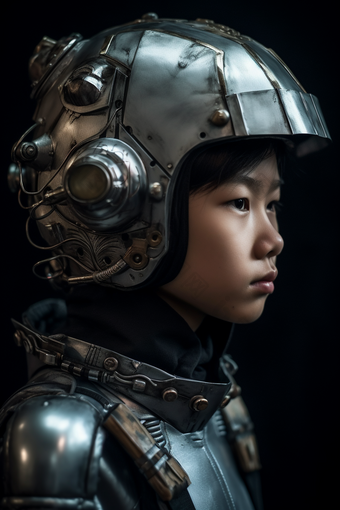 佩戴未来科技头盔的男孩未来亚洲
