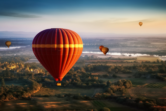 乘坐热气球鸟瞰俯视图山川河流