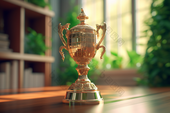 金色的奖杯放在桌子上冠军战利品