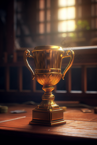 金色的奖杯放在桌子上比赛冠军奖品
