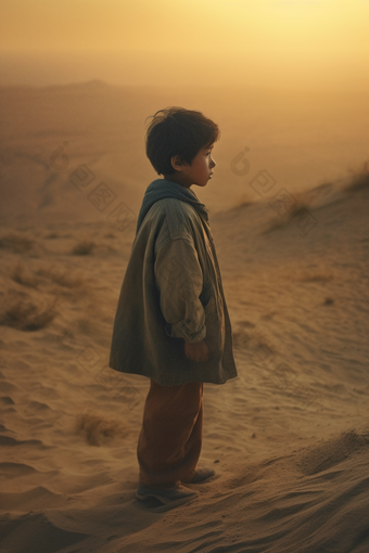 沙漠边凝视远方的男孩黄昏荒地