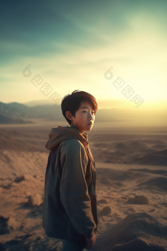 沙漠边凝视远方的男孩青春注视