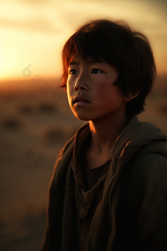 沙漠边凝视远方的男孩男性肖像