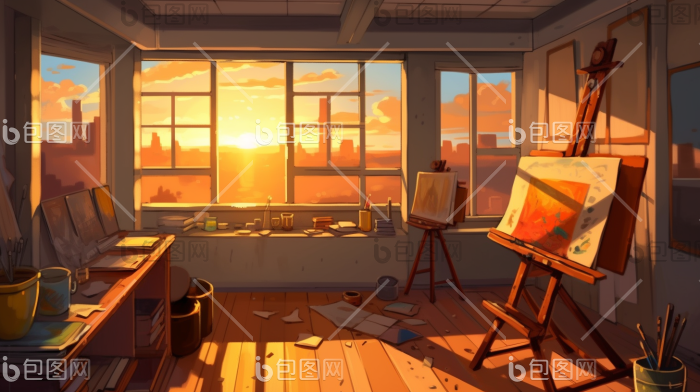 日出艺术画室工作室房间丰富插画图片-包图网