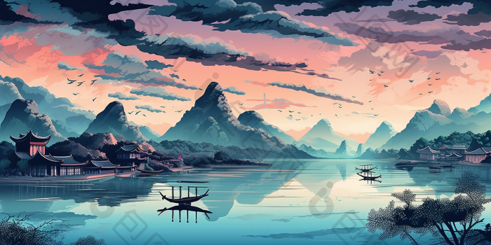 山水插画国风高清图片下载-包图网