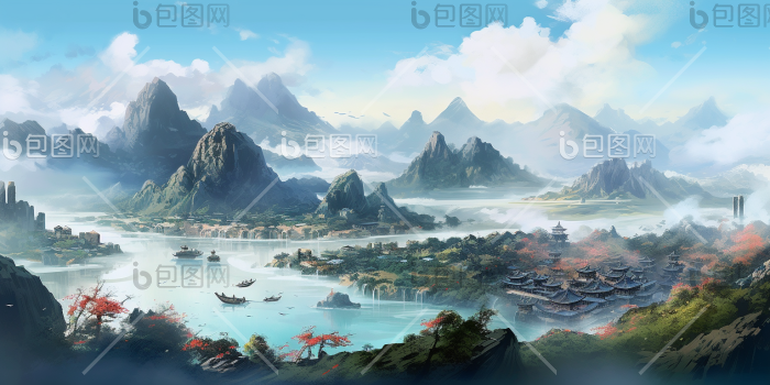 山水插画国风高清图片下载-包图网
