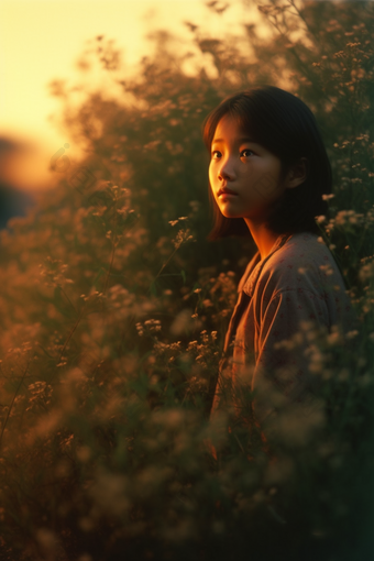 花丛中凝视远方的女孩女性<strong>半身像</strong>