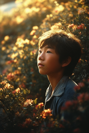 花丛中凝视远方的男孩<strong>男性</strong>鲜花