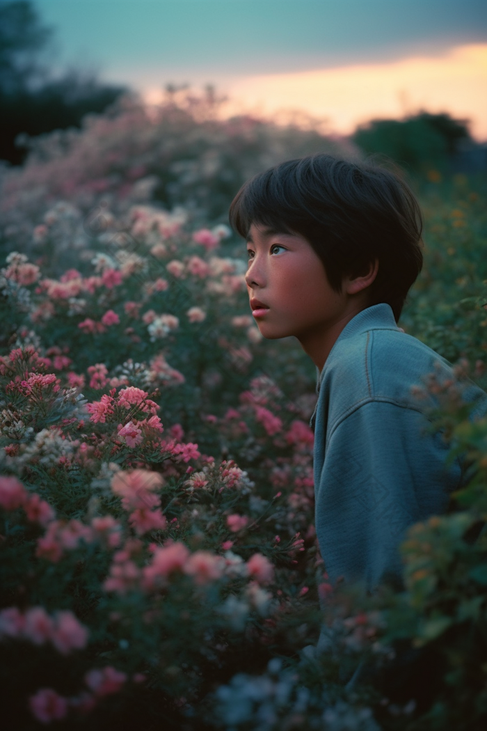 花丛中凝视远方的男孩黄昏男生