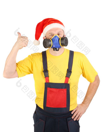 工人气体面具圣诞老人他显示拇指