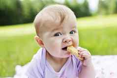 特写镜头婴儿女孩吃饼干