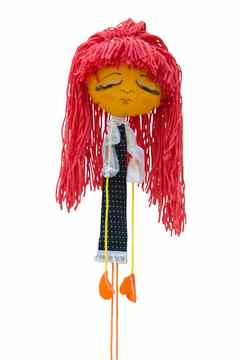 手工制作的娃娃玩具孤立的薄不好意思伤心女孩衣服