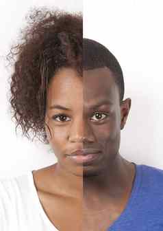人类脸使非洲美国男人。女人白色背景